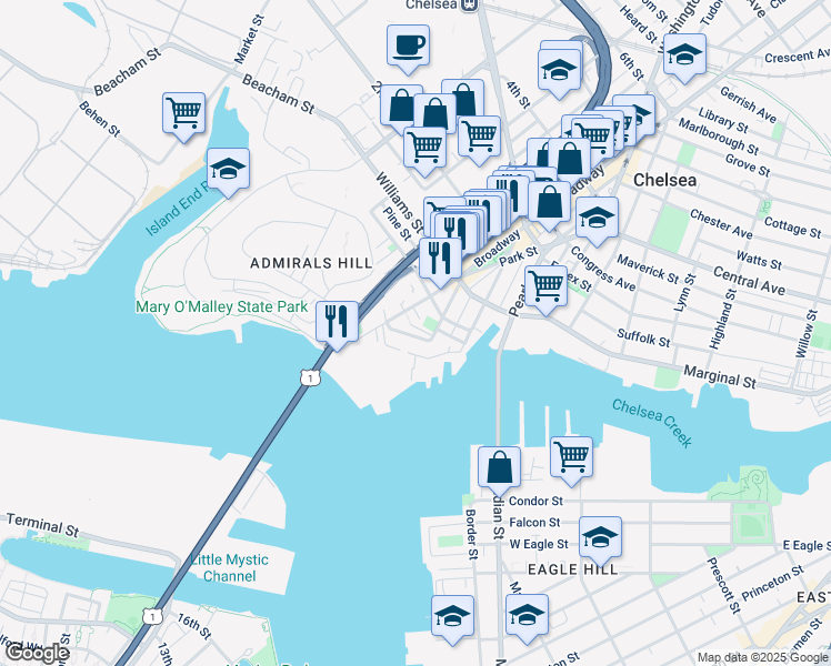 map of restaurants, bars, coffee shops, grocery stores, and more near 22 Front Street in Chelsea