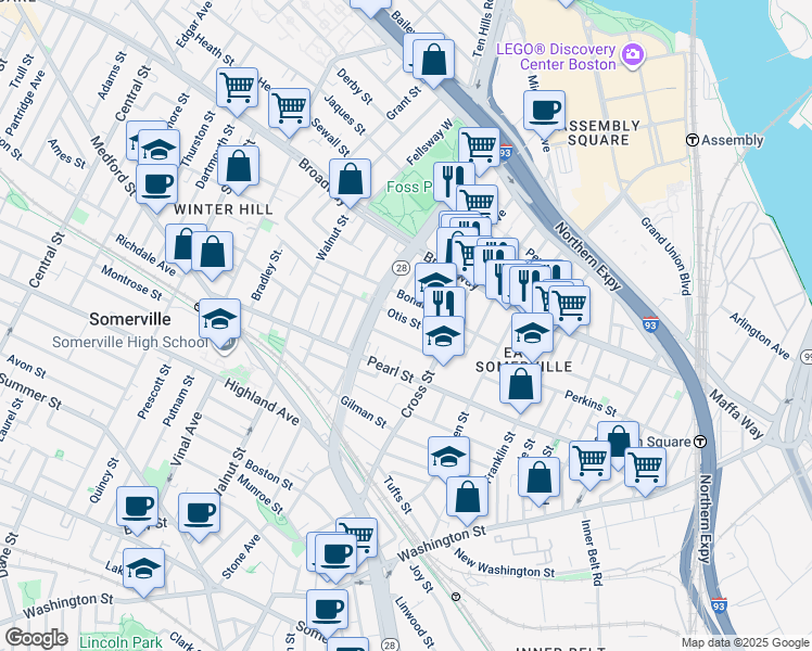 map of restaurants, bars, coffee shops, grocery stores, and more near 13 Everett Avenue in Somerville