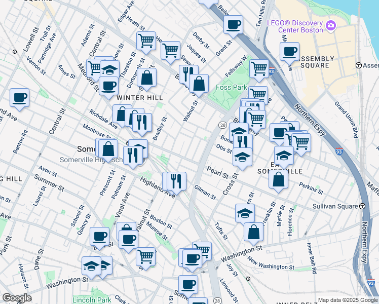 map of restaurants, bars, coffee shops, grocery stores, and more near 5 Wesley Street in Somerville