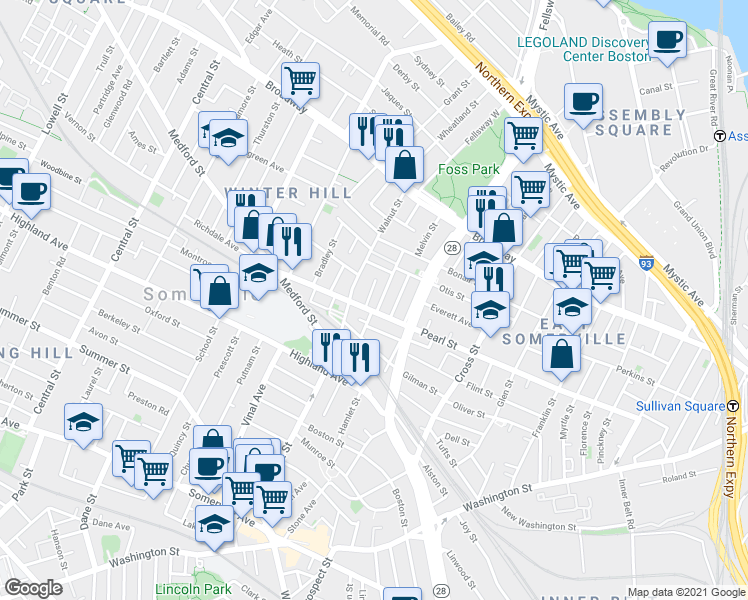 map of restaurants, bars, coffee shops, grocery stores, and more near 202 Pearl Street in Somerville