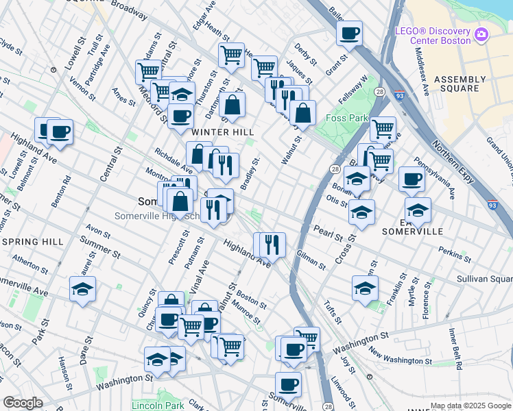 map of restaurants, bars, coffee shops, grocery stores, and more near 106 Walnut Street in Somerville