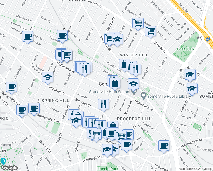 map of restaurants, bars, coffee shops, grocery stores, and more near in Somerville