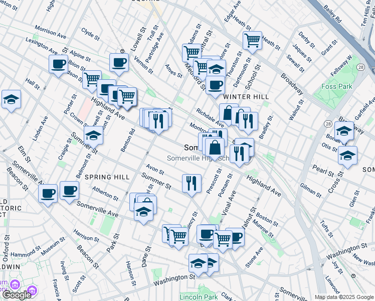 map of restaurants, bars, coffee shops, grocery stores, and more near in Somerville