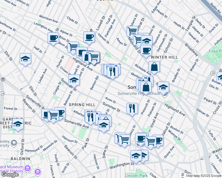 map of restaurants, bars, coffee shops, grocery stores, and more near 63 Berkeley Street in Somerville