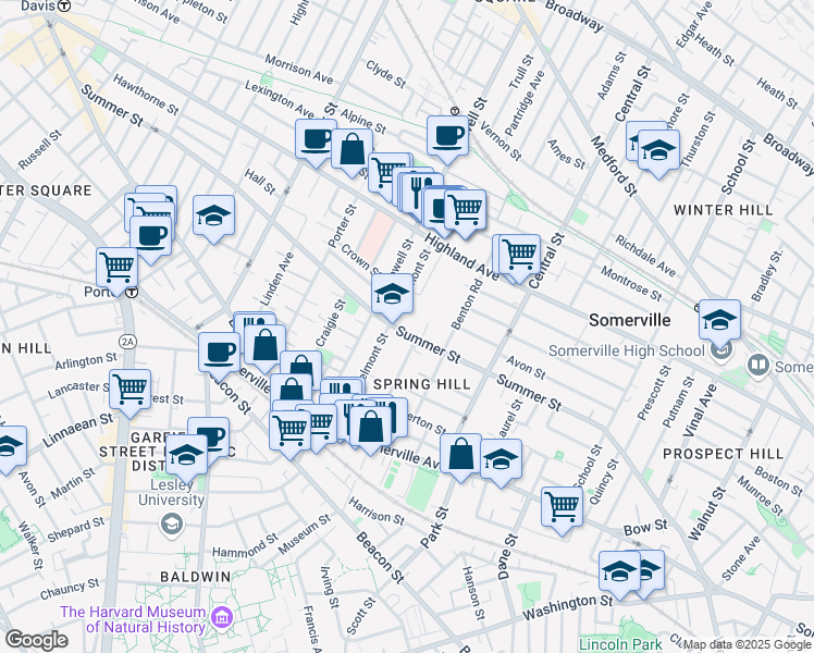 map of restaurants, bars, coffee shops, grocery stores, and more near 194 Summer Street in Somerville