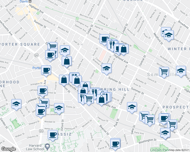 map of restaurants, bars, coffee shops, grocery stores, and more near 74 Lowell Street in Somerville