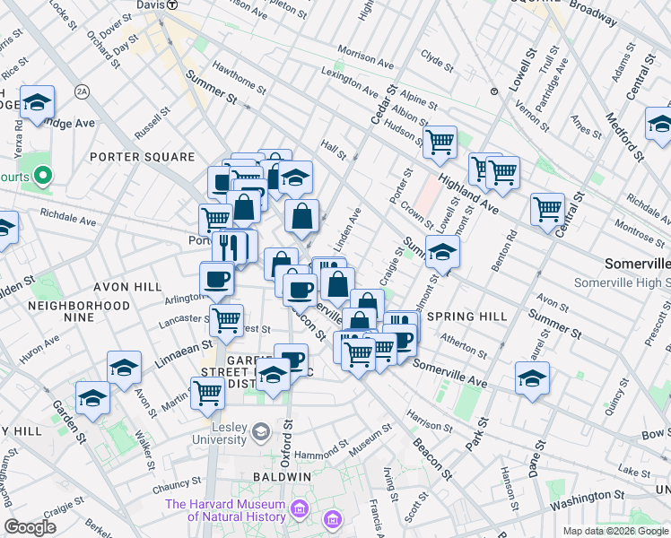 map of restaurants, bars, coffee shops, grocery stores, and more near 16 Porter Street in Somerville
