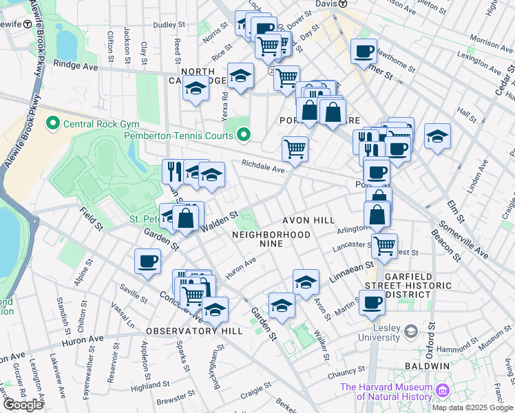 map of restaurants, bars, coffee shops, grocery stores, and more near 127 Raymond Street in Cambridge