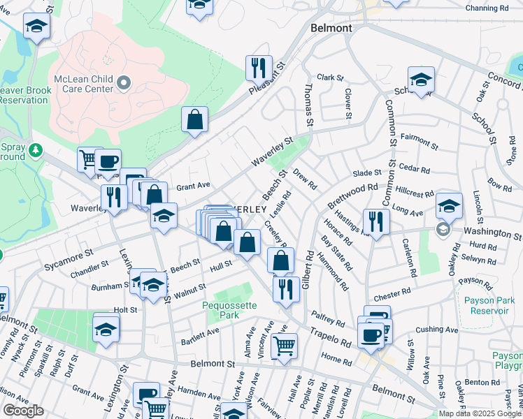 map of restaurants, bars, coffee shops, grocery stores, and more near in Belmont