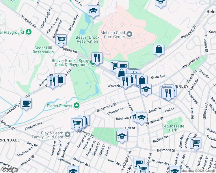 map of restaurants, bars, coffee shops, grocery stores, and more near 40 Moraine Street in Belmont