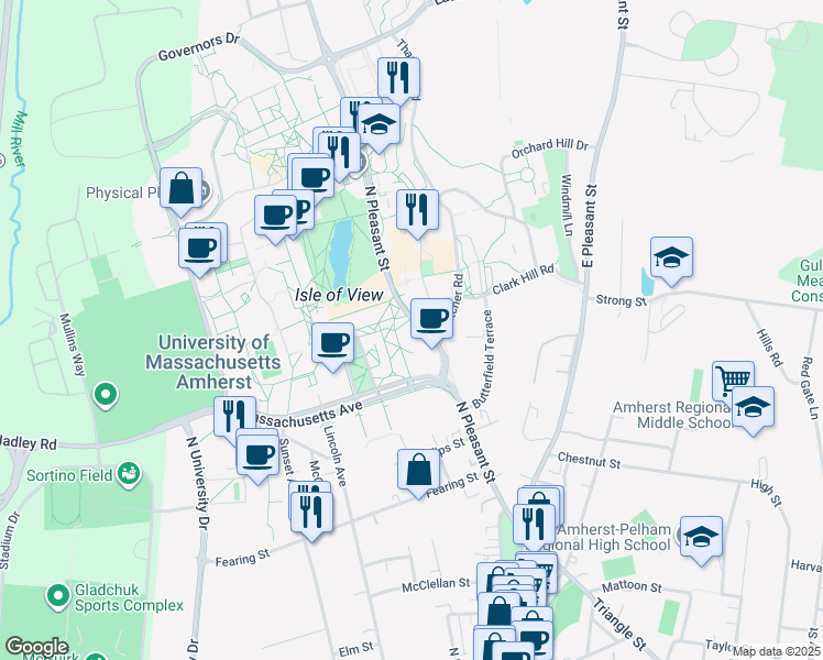 map of restaurants, bars, coffee shops, grocery stores, and more near 496 N Pleasant St in Amherst