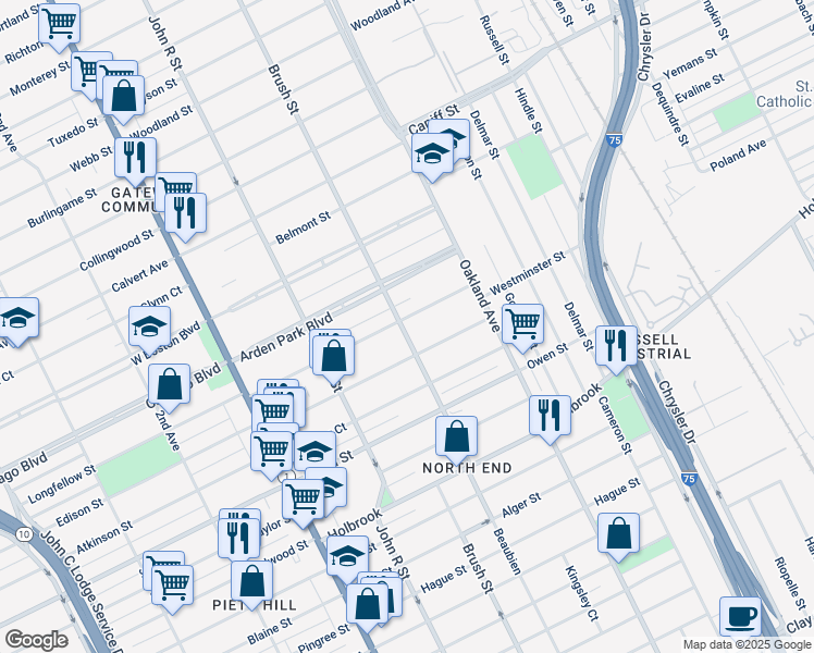 map of restaurants, bars, coffee shops, grocery stores, and more near 9429 Brush Street in Detroit