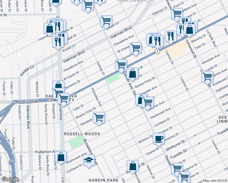 map of restaurants, bars, coffee shops, grocery stores, and more near 3814 Buena Vista Street in Detroit