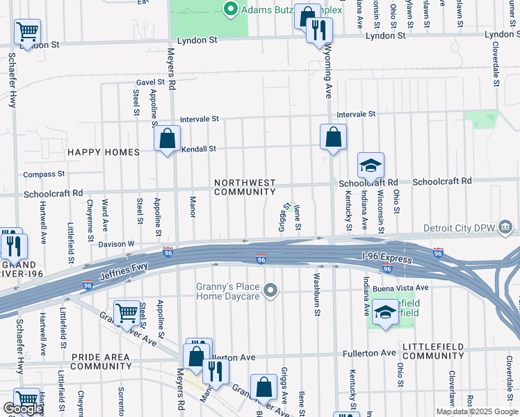 map of restaurants, bars, coffee shops, grocery stores, and more near 13566 Birwood Street in Detroit