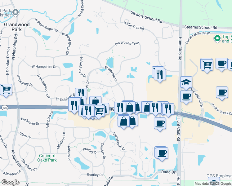 map of restaurants, bars, coffee shops, grocery stores, and more near 36123 North New Bridge Court in Gurnee