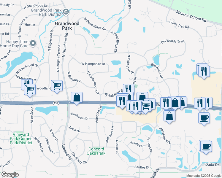 map of restaurants, bars, coffee shops, grocery stores, and more near 17826 West Salisbury Drive in Gurnee