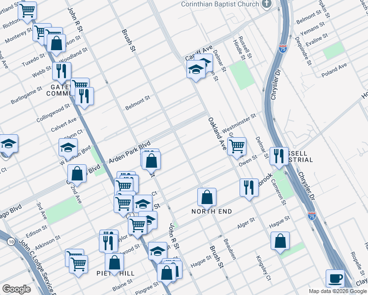 map of restaurants, bars, coffee shops, grocery stores, and more near 9429 Brush Street in Detroit