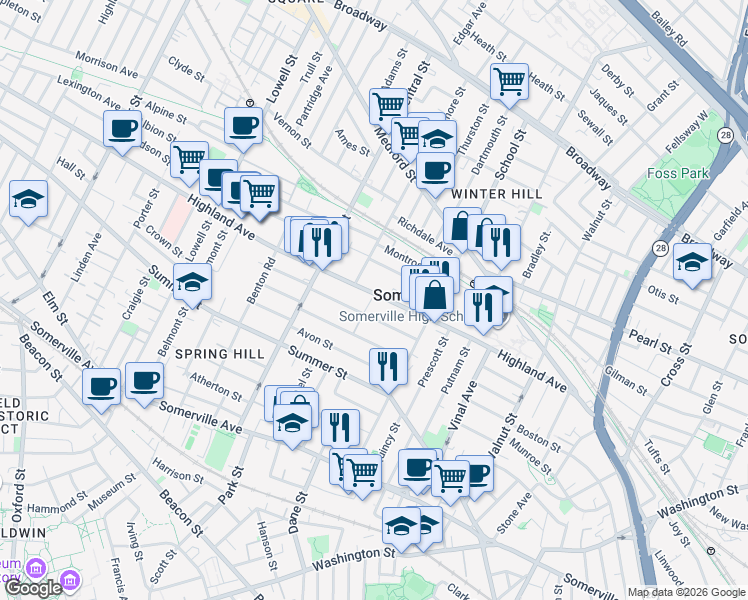 map of restaurants, bars, coffee shops, grocery stores, and more near 52 Oxford Street in Somerville