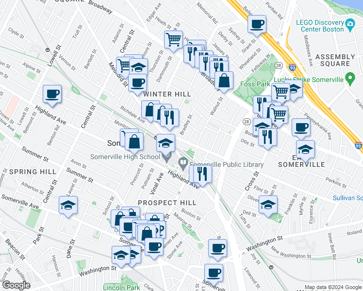 map of restaurants, bars, coffee shops, grocery stores, and more near 106 Walnut Street in Somerville
