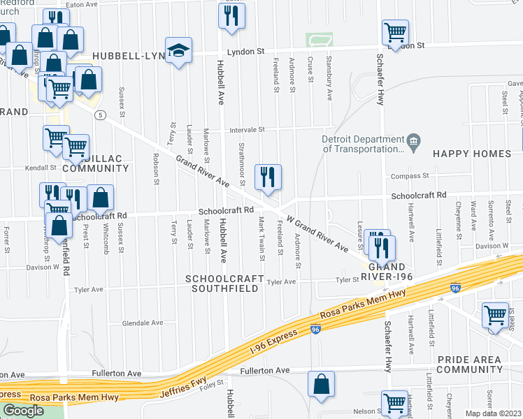 map of restaurants, bars, coffee shops, grocery stores, and more near Mark Twain Street in Detroit