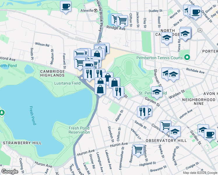 map of restaurants, bars, coffee shops, grocery stores, and more near 38 Birch Street in Cambridge