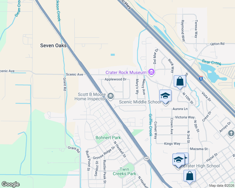 map of restaurants, bars, coffee shops, grocery stores, and more near 245 Willow Bend Way in Central Point