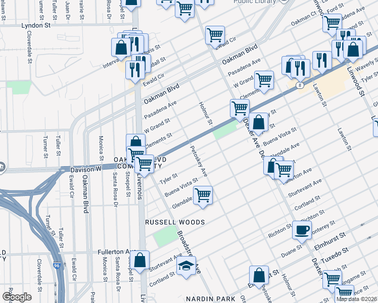 map of restaurants, bars, coffee shops, grocery stores, and more near 4260 Waverly Avenue in Detroit