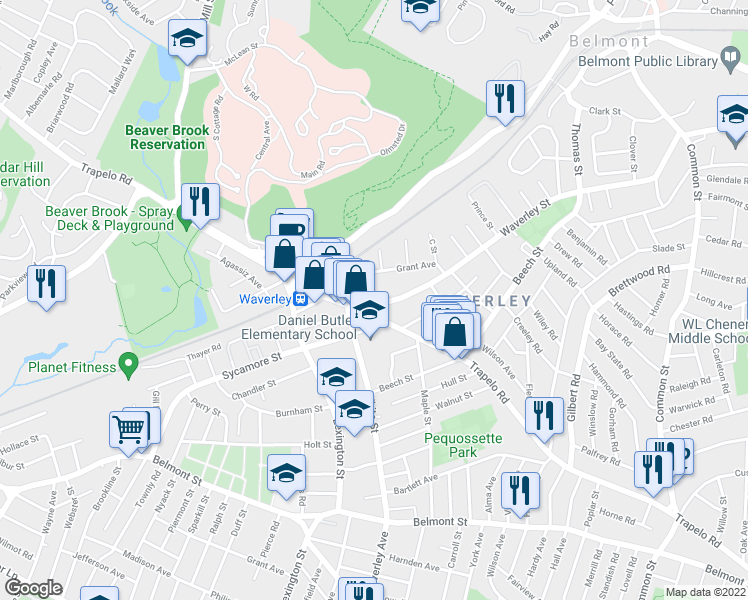 map of restaurants, bars, coffee shops, grocery stores, and more near 18 Waverley Street in Belmont