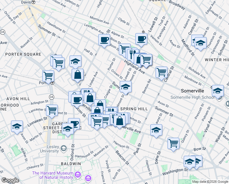 map of restaurants, bars, coffee shops, grocery stores, and more near 74 Lowell Street in Somerville