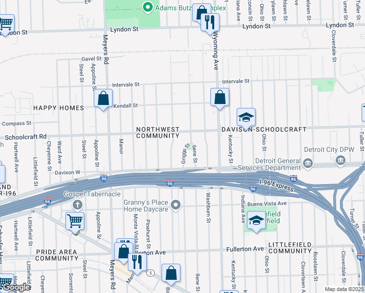map of restaurants, bars, coffee shops, grocery stores, and more near 13566 Birwood Street in Detroit