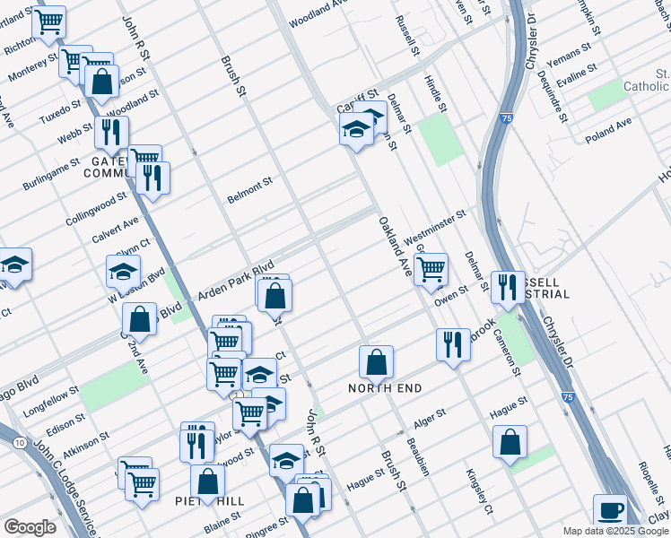 map of restaurants, bars, coffee shops, grocery stores, and more near 9429 Brush Street in Detroit