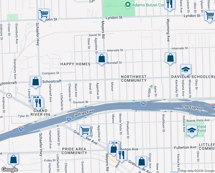 map of restaurants, bars, coffee shops, grocery stores, and more near 13581 Meyers Road in Detroit