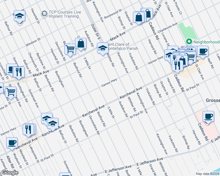 map of restaurants, bars, coffee shops, grocery stores, and more near 1233 Audubon Road in Grosse Pointe Park