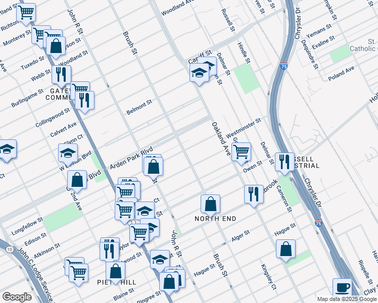 map of restaurants, bars, coffee shops, grocery stores, and more near 9429 Brush Street in Detroit