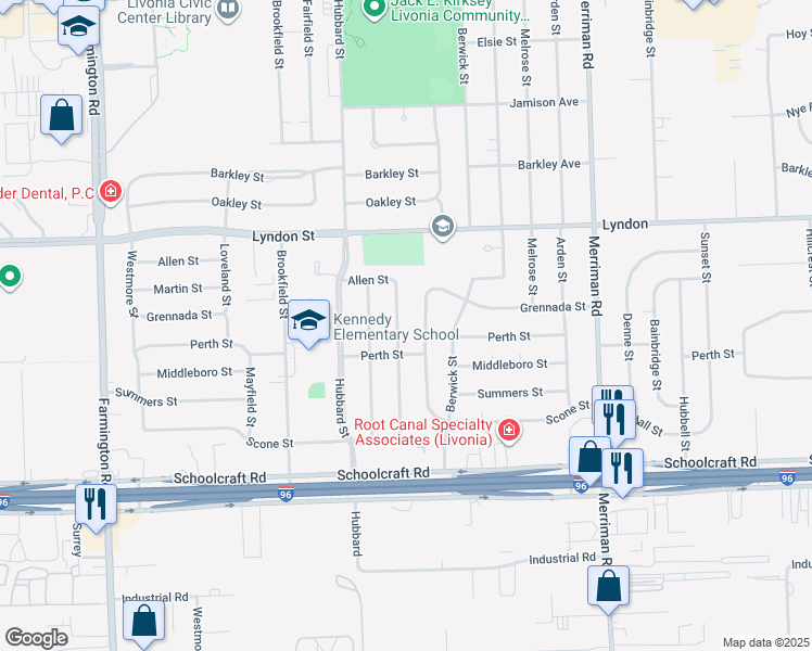 map of restaurants, bars, coffee shops, grocery stores, and more near 14210 Blackburn Street in Livonia