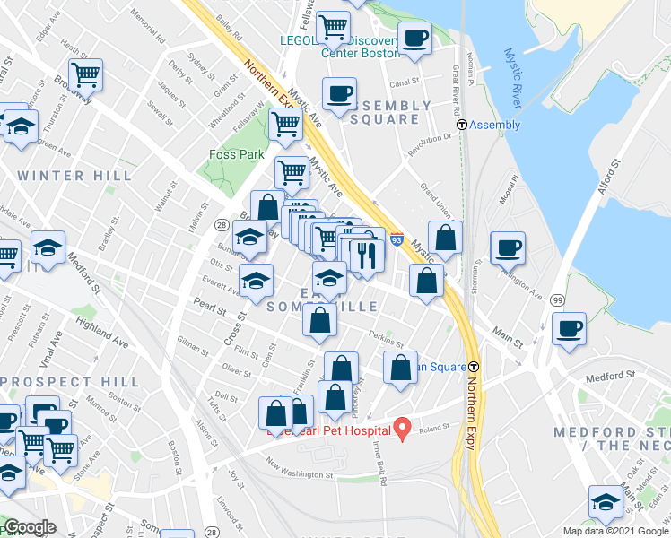 map of restaurants, bars, coffee shops, grocery stores, and more near Broadway & Illinois Ave in Somerville