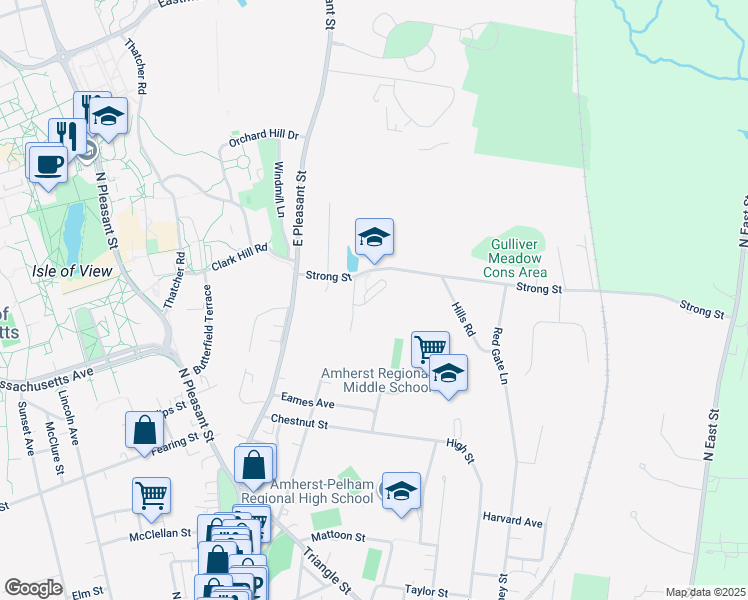 map of restaurants, bars, coffee shops, grocery stores, and more near 71 Strong Street in Amherst
