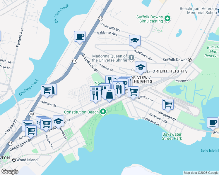 map of restaurants, bars, coffee shops, grocery stores, and more near 962 Saratoga Street in Boston