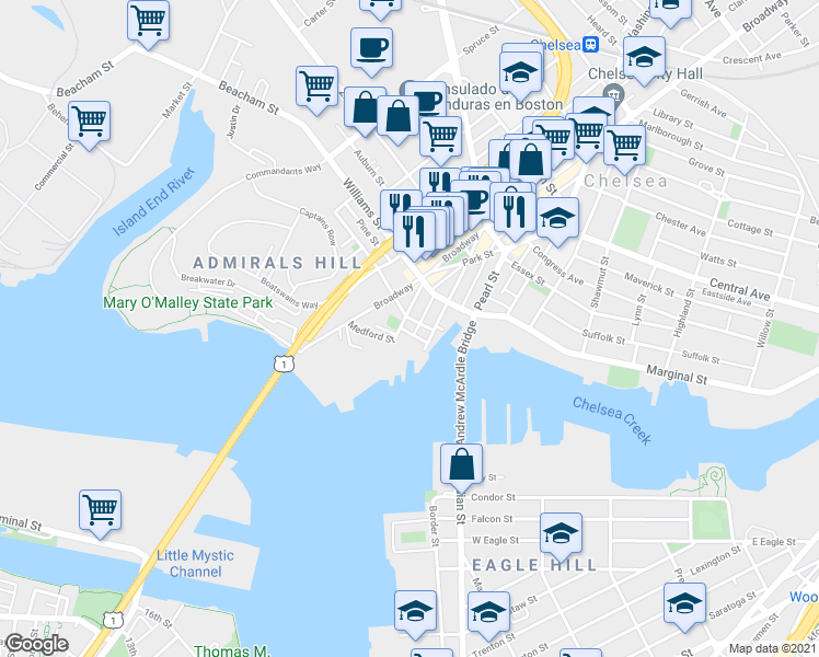 map of restaurants, bars, coffee shops, grocery stores, and more near 1 Winnisimmet Street in Chelsea