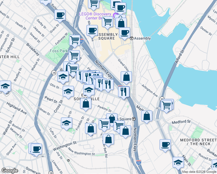 map of restaurants, bars, coffee shops, grocery stores, and more near 59 Broadway in Somerville
