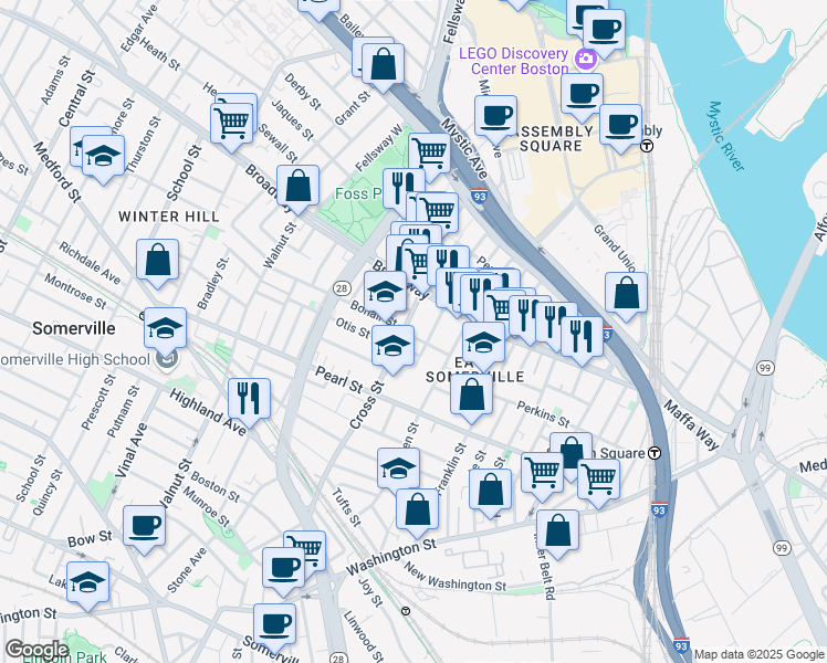 map of restaurants, bars, coffee shops, grocery stores, and more near 7 Ellsworth Street in Somerville
