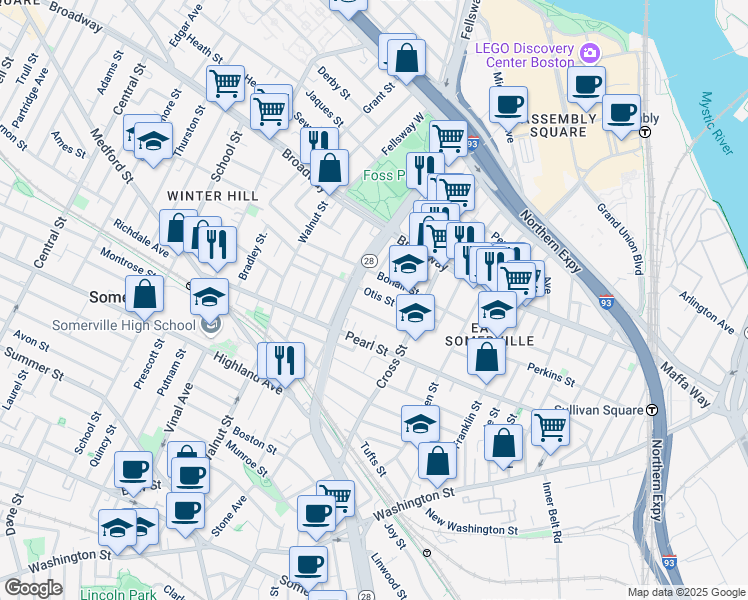 map of restaurants, bars, coffee shops, grocery stores, and more near 34 Everett Avenue in Somerville