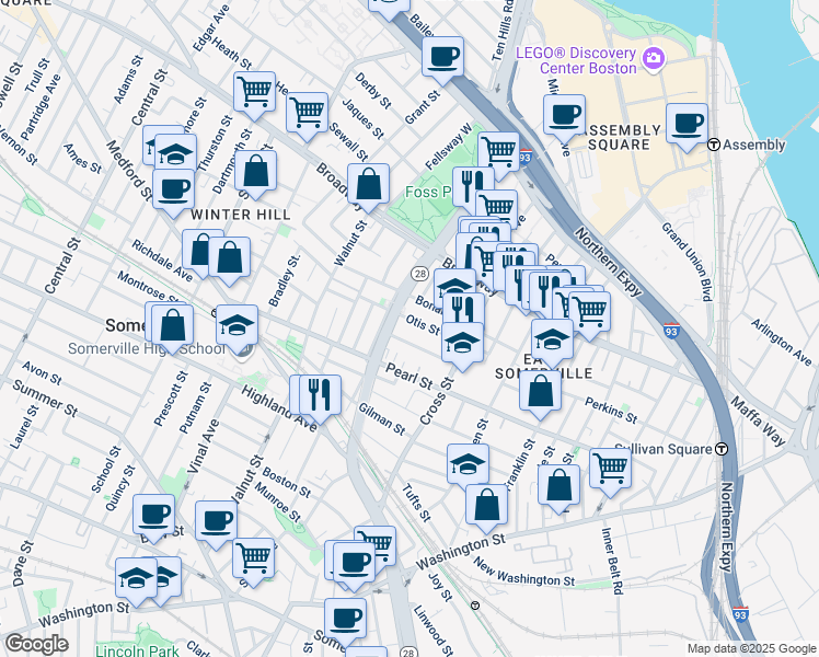 map of restaurants, bars, coffee shops, grocery stores, and more near 34 Everett Avenue in Somerville