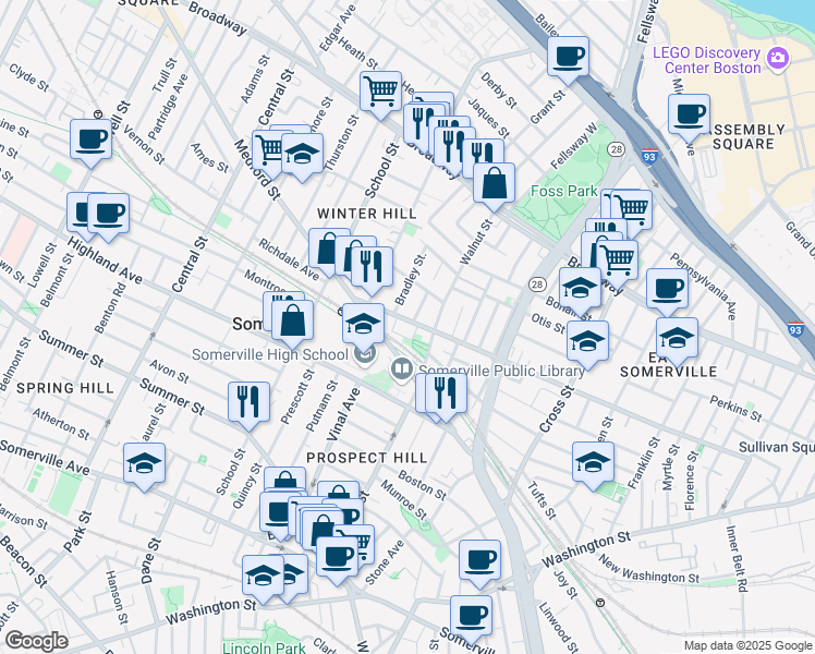 map of restaurants, bars, coffee shops, grocery stores, and more near 106 Walnut Street in Somerville