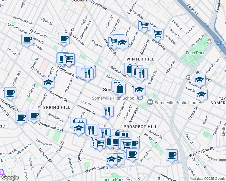 map of restaurants, bars, coffee shops, grocery stores, and more near in Somerville