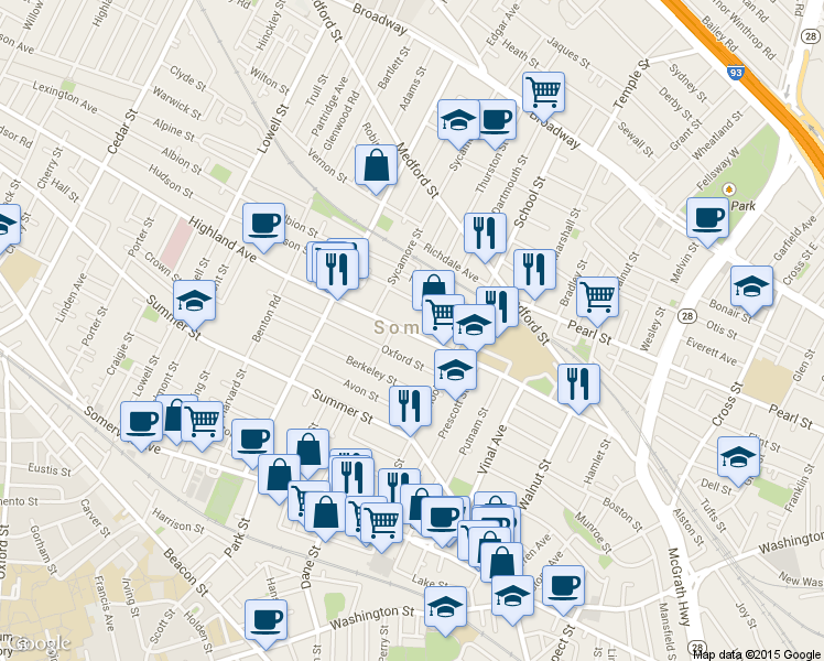 map of restaurants, bars, coffee shops, grocery stores, and more near in Somerville