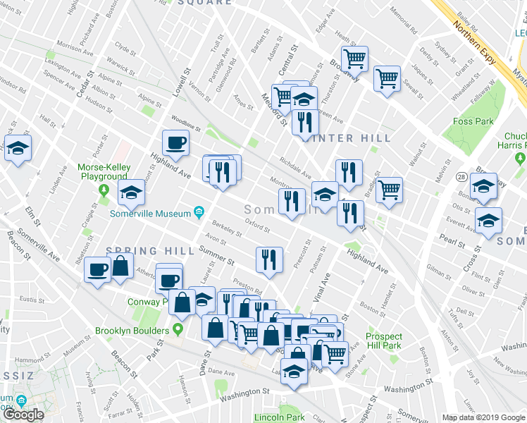 map of restaurants, bars, coffee shops, grocery stores, and more near in Somerville