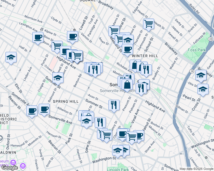 map of restaurants, bars, coffee shops, grocery stores, and more near in Somerville