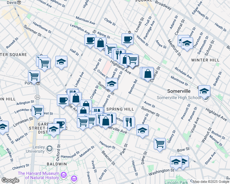map of restaurants, bars, coffee shops, grocery stores, and more near 194 Summer Street in Somerville