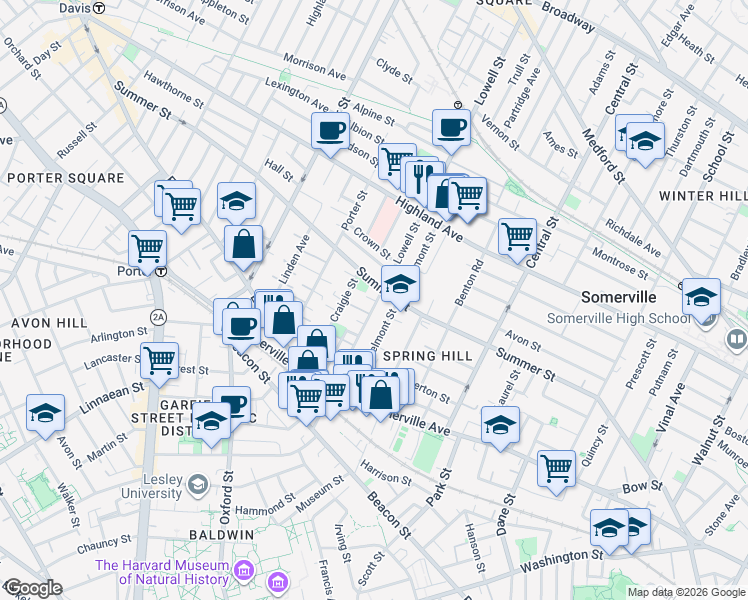map of restaurants, bars, coffee shops, grocery stores, and more near 74 Lowell Street in Somerville